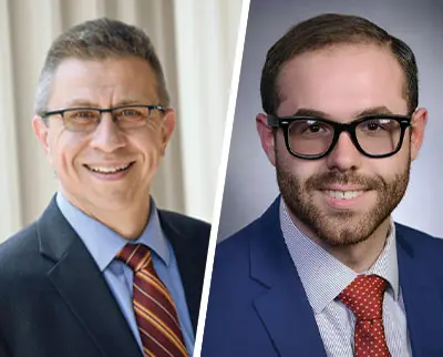 Two men in formal attire are smiling in this split image. The man on the left wears glasses, a blue shirt, and a red striped tie. The man on the right is also wearing glasses, a blue suit, a blue-striped shirt, and a red polka dot tie.
