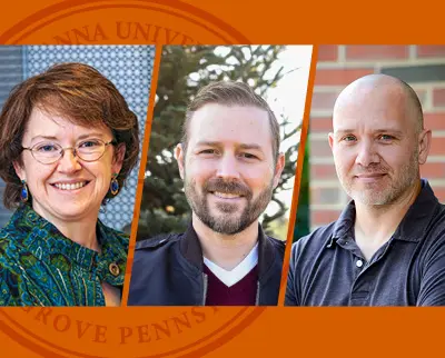 Three individuals are shown in separate portrait shots against different backgrounds. On the left is a person wearing glasses and a green patterned top. The middle person has short hair and a beard. The person on the right is bald and wearing a dark polo.