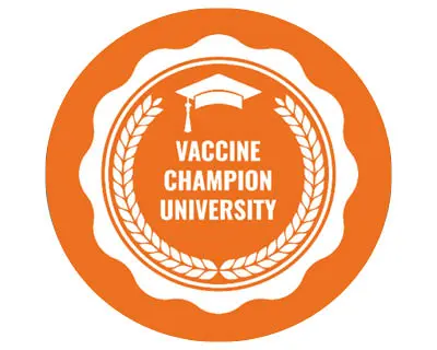 Orange circular logo with a white graduation cap at the top. Text reads "Vaccine Champion University" surrounded by laurel leaves, creating a badge-like appearance.