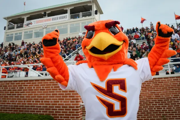 A vibrant orange bird mascot embodies the spirit of athletics, wearing a white jersey with an "S" on the front. It stands cheerfully in front of a packed stadium, where the crowd is seated on bleachers and flags flutter above a building in the background.
