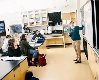 A teacher in a classroom stands at the whiteboard, gesturing as they teach. Students sit at lab tables, listening and taking notes. The room has lab equipment and wooden cabinets.