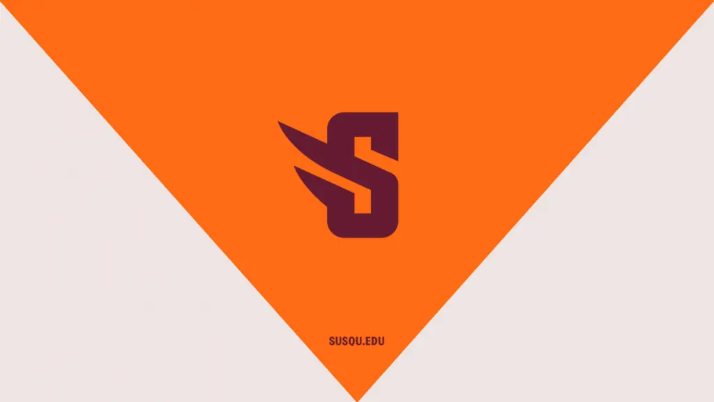 An orange triangle with a stylized "S" logo in the center is pointing downward. Below the triangle, the text "SUSQU.EDU" appears.