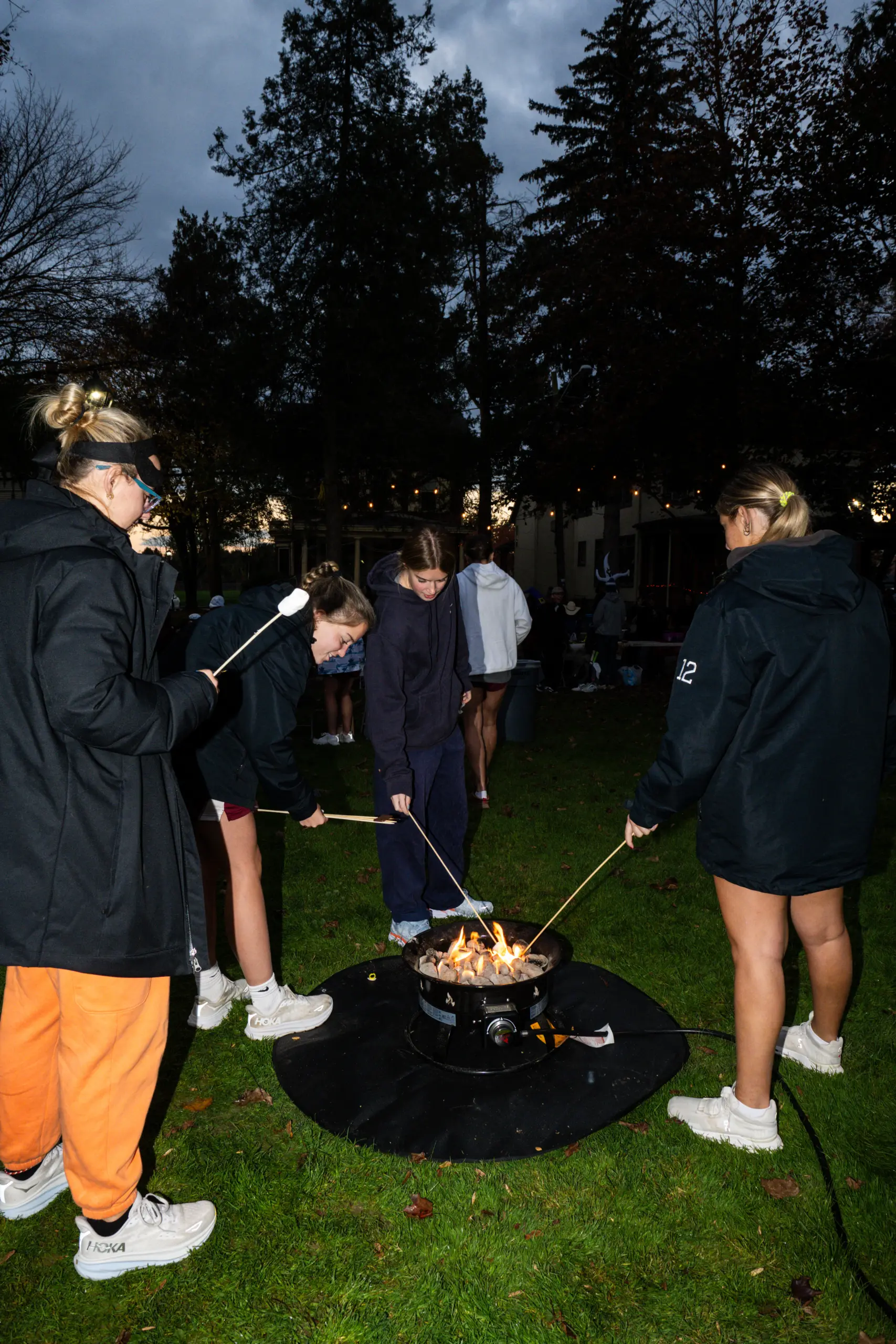 A group of people in warm clothing roast marshmallows over a portable fire pit in a grassy area at dusk. Trees and string lights are visible in the background, creating a cozy atmosphere.