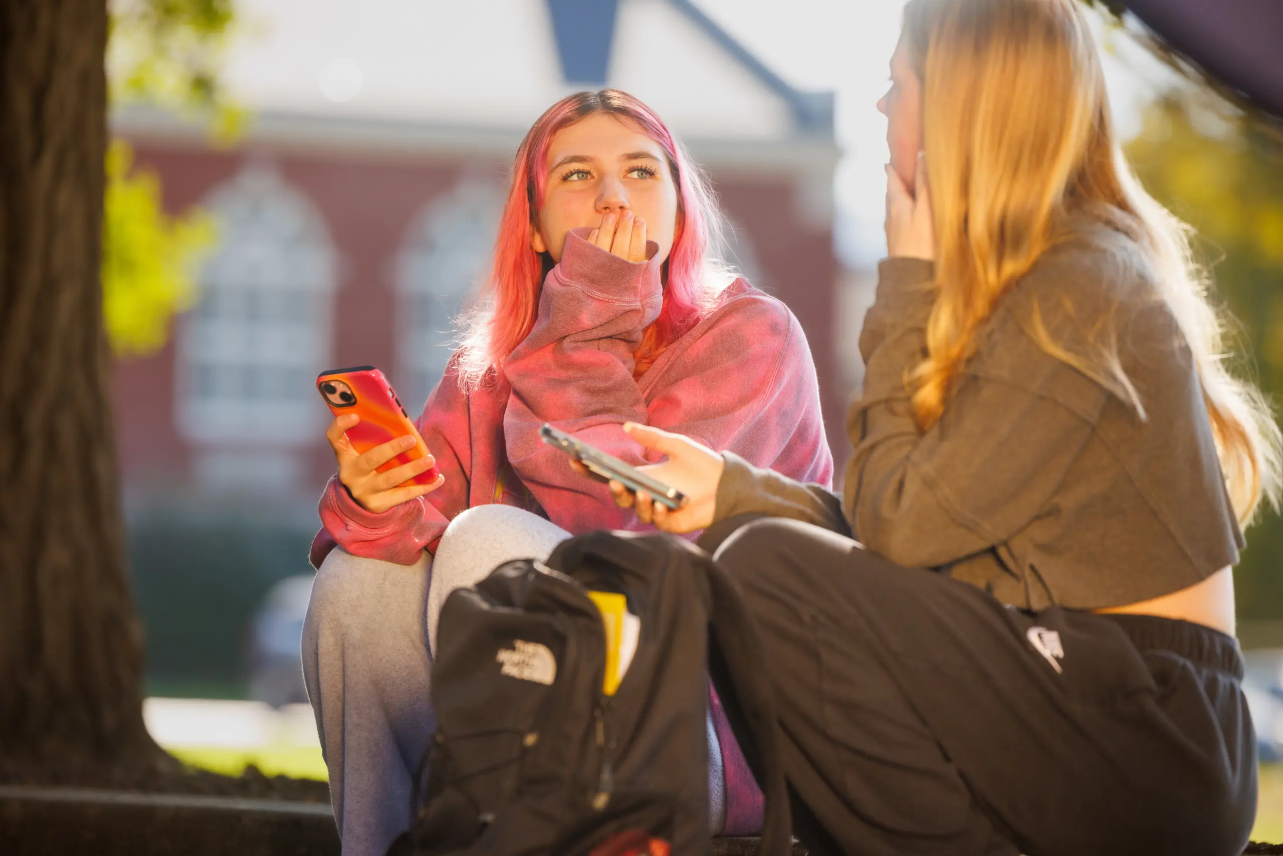 Two young people sit outdoors, chatting and holding phones—a glimpse of vibrant campus life. One has pink hair with a matching hoodie; the other sports long blonde hair and a gray sweatshirt. Sunlight brightens their lively conversation.