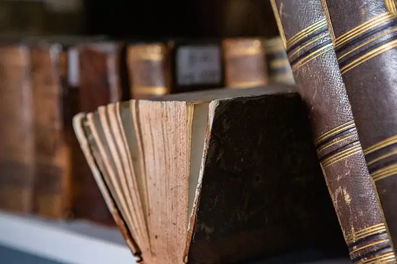 A close-up of several old, worn books with faded pages and brown, textured covers sitting on a bookshelf. The spines and edges show signs of age, with some books stacked upright and others leaning.