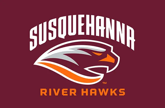 Logo for Susquehanna River Hawks featuring a stylized hawk head in orange, gray, and white, with "SUSQUEHANNA" above and "RIVER HAWKS" below on a maroon background.