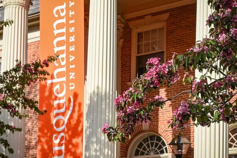A large orange banner reading "Susquehanna University" hangs between columns of a brick building, with pink blossoming tree branches in the foreground.
